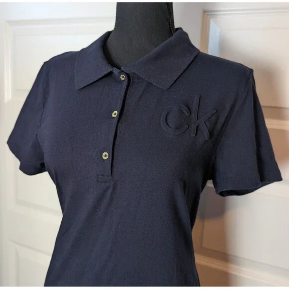 NWOT Calvin Klein Size L Polo Shirt Dress Navy Blue Designer Nautical Minimalist - Picture 3 of 12